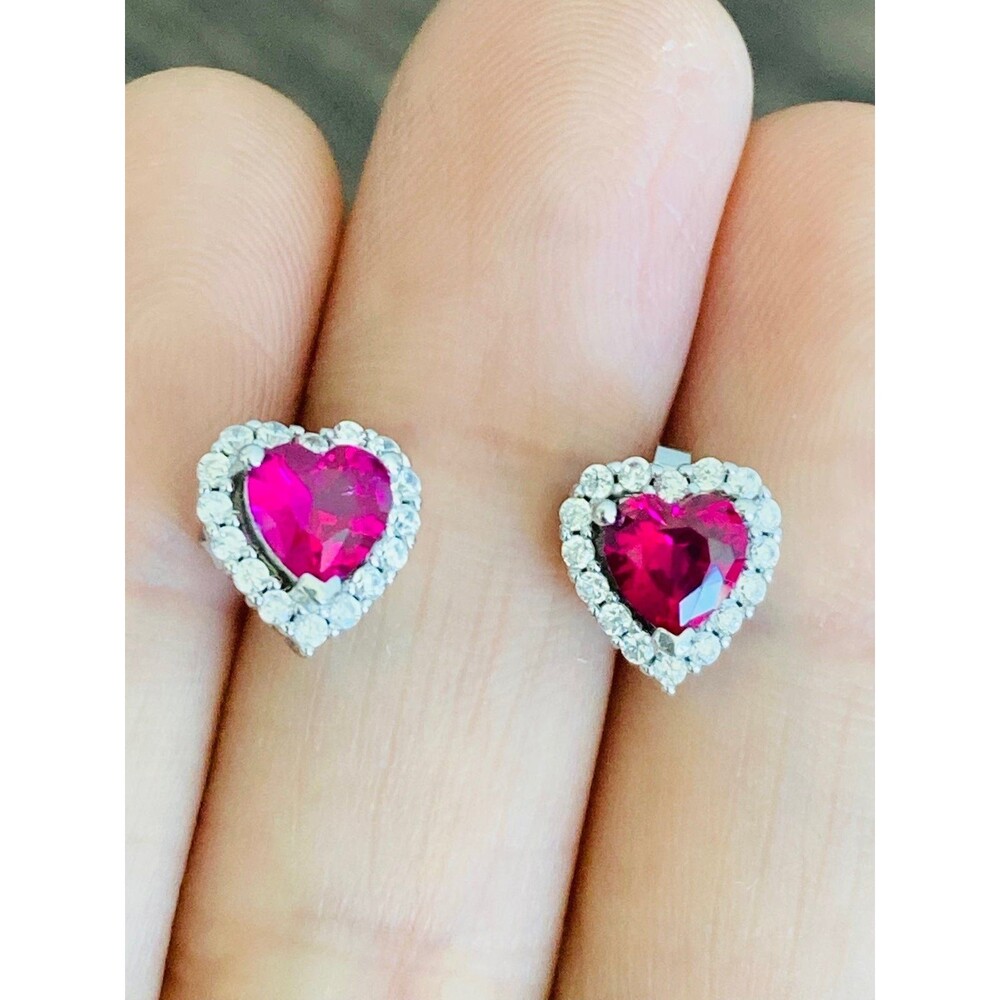 925 Sterling Silver Ruby Heart Stud Earrings - image 1
